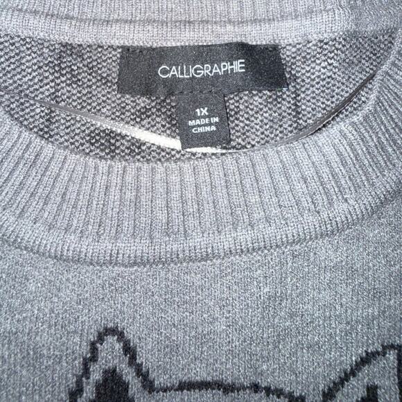 NEW ANTHROPOLOGIE CALLIGRAPHIE GREY SWEATER BLACK CAT FACE PRINT ALL OVER SZ 1X - Picture 5 of 9